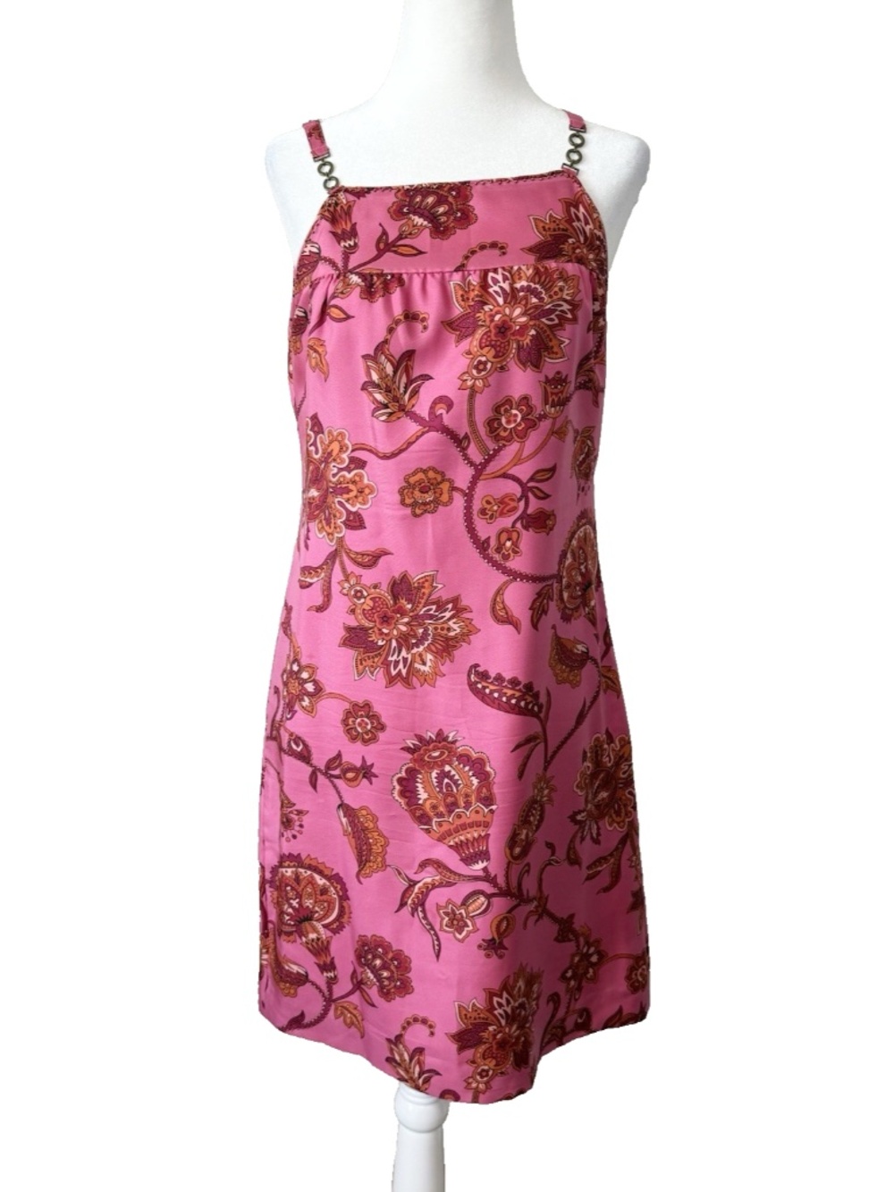 Ann Taylor 100% Silk Women Size 2 Pink Paisley Floral Slip Dress Chain Straps